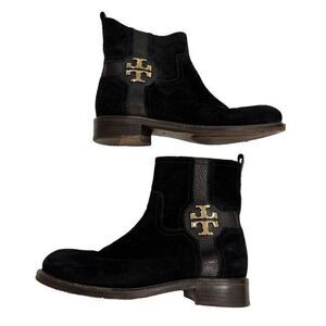 TORY BURCH Size 7M Alaina Black Suede Flat Ankle Bootie Side Zip Gold‎ L…